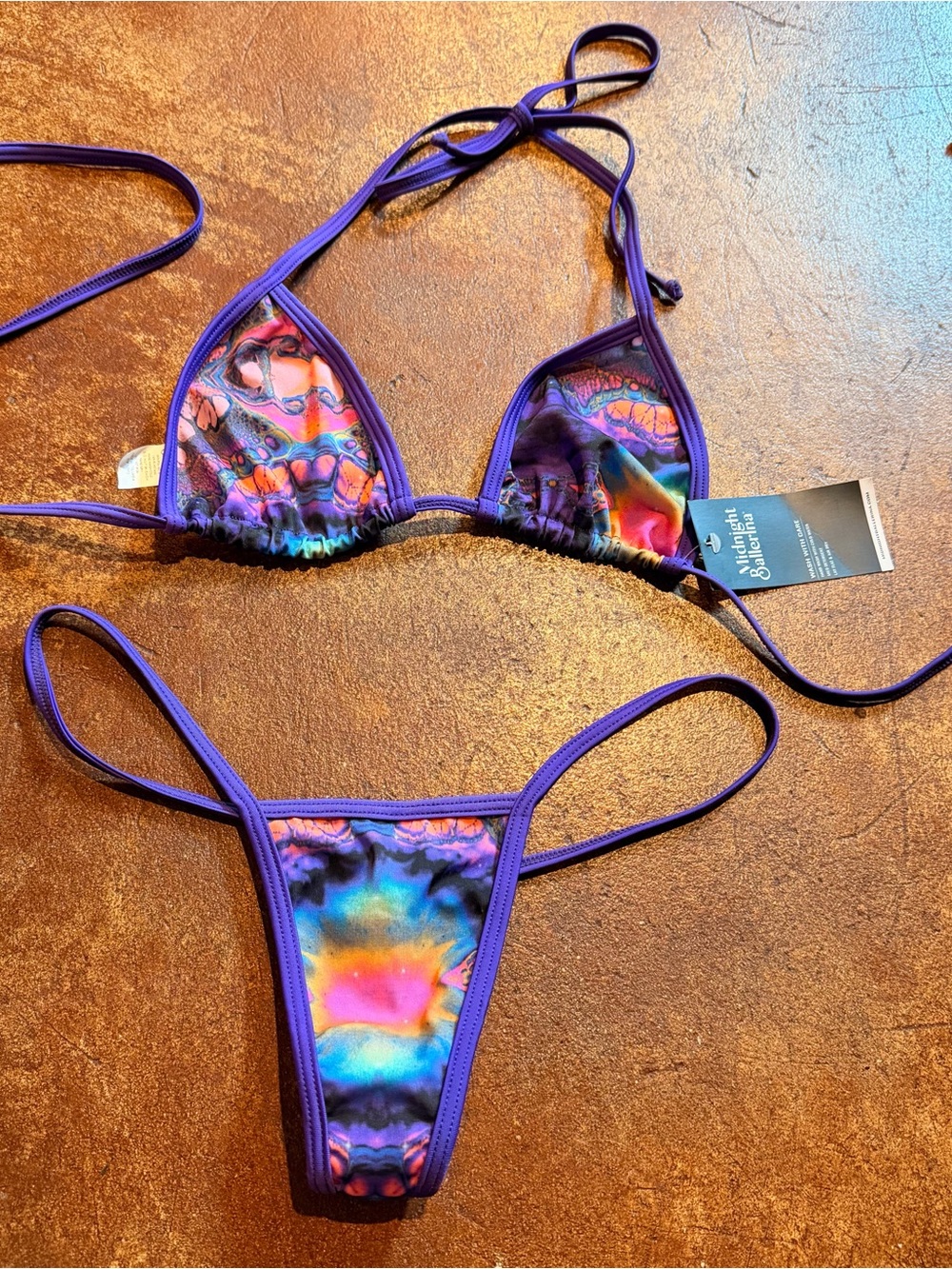 Purple-Trim Multicolor Tie-Dye Bikini Set